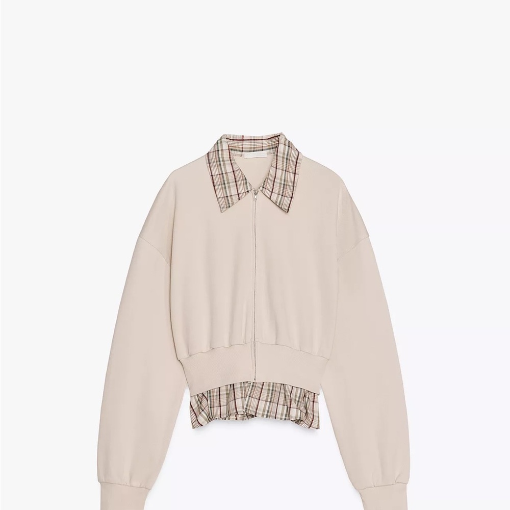 Zara Beige Plaid Collar Poplin SweatShirt